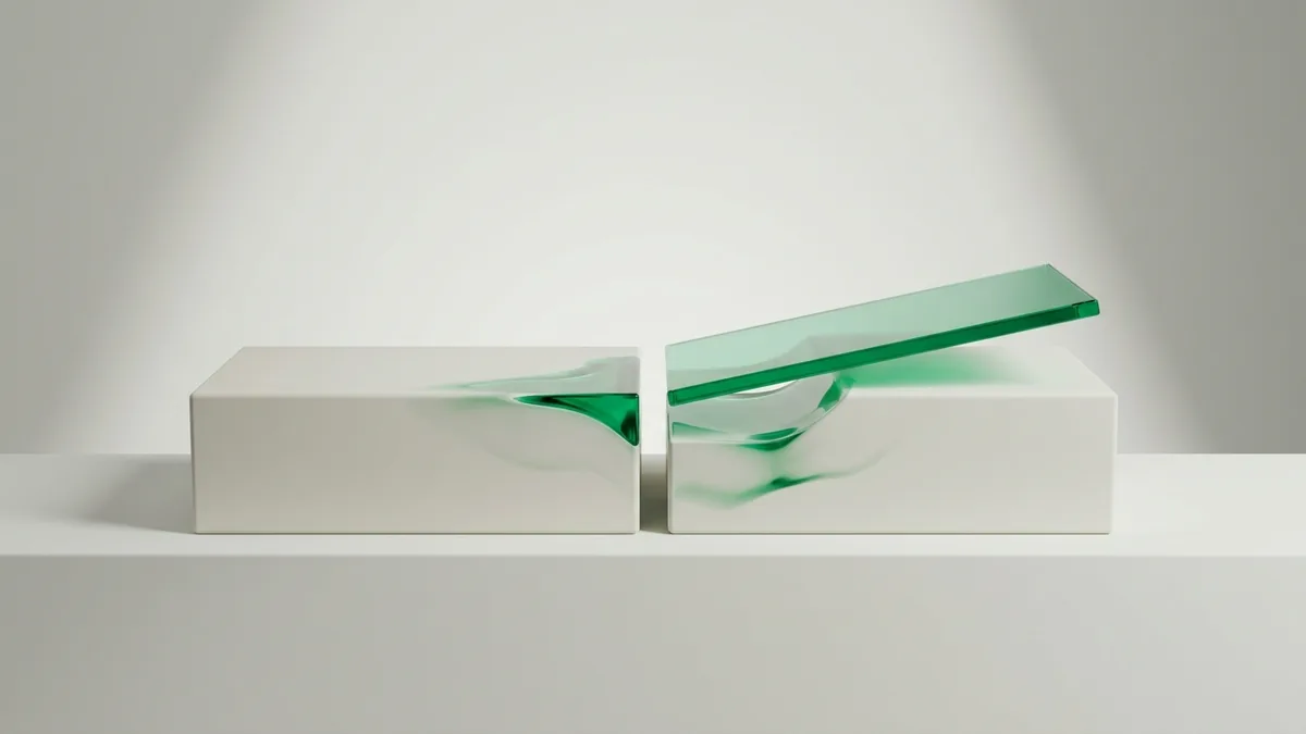 Two matte white blocks with a thin green glass slice lifted off, illustrating the 90% cap in arbitrage betting taxes