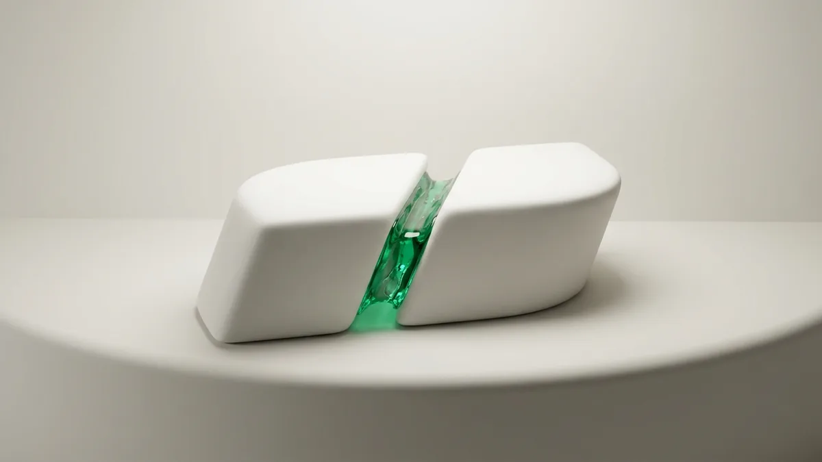 Two matte white forms held apart by emerald glass, illustrating the Caesars vs BetMGM odds gap
