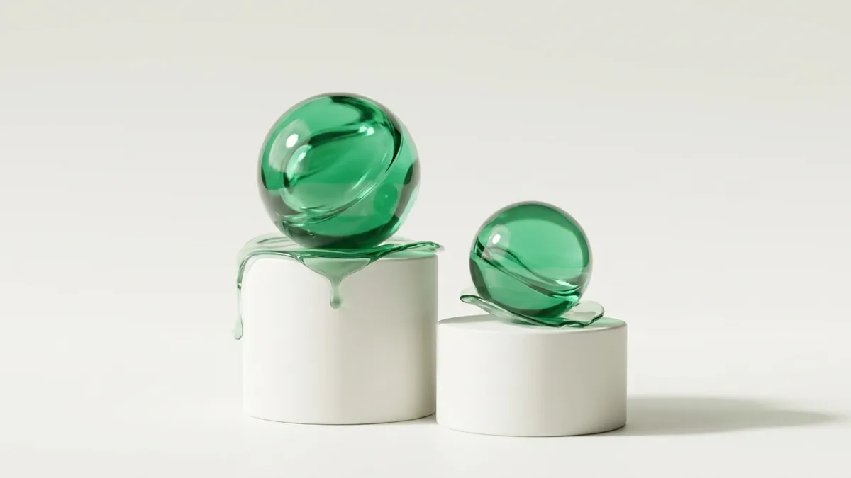 FanDuel vs BetMGM odds concept: two green glass spheres priced at different heights on white studio pedestals.
