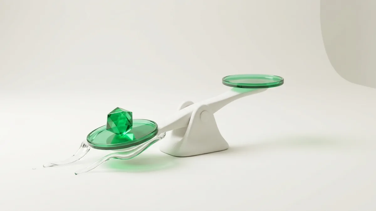 Matte white balance beam tipped by an emerald weight, illustrating the edge in positive EV betting