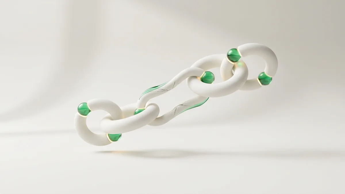 Chain of linked white forms with emerald glass joints, one stressed, illustrating same game parlay correlated legs